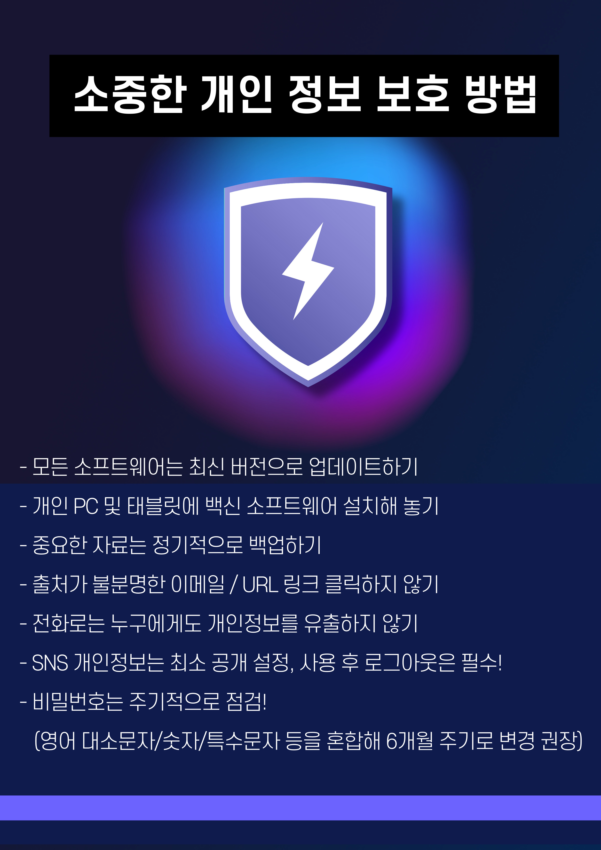 <소중한 개인 정보 보호 방법>

- 모든 소프트웨어는 최신 버전으로 업데이트하기
- 개인 PC 및 태블릿에 백신 소프트웨어 설치해 놓기
- 중요한 자료는 정기적으로 백업하기
- 출처가 불분명한 이메일/URL 링크 클릭하지 않기
- 전화로는 누구에게도 개인정보를 유출하지 않기
- SNS 개인정보는 최소 공개 설정, 사용 후 로그아웃은 필수!
- 비밀번호는 주기적으로 점검!
  (영어 대소문자/숫자/특수문자 등을 혼합해 6개월 주기로 변경 권장)