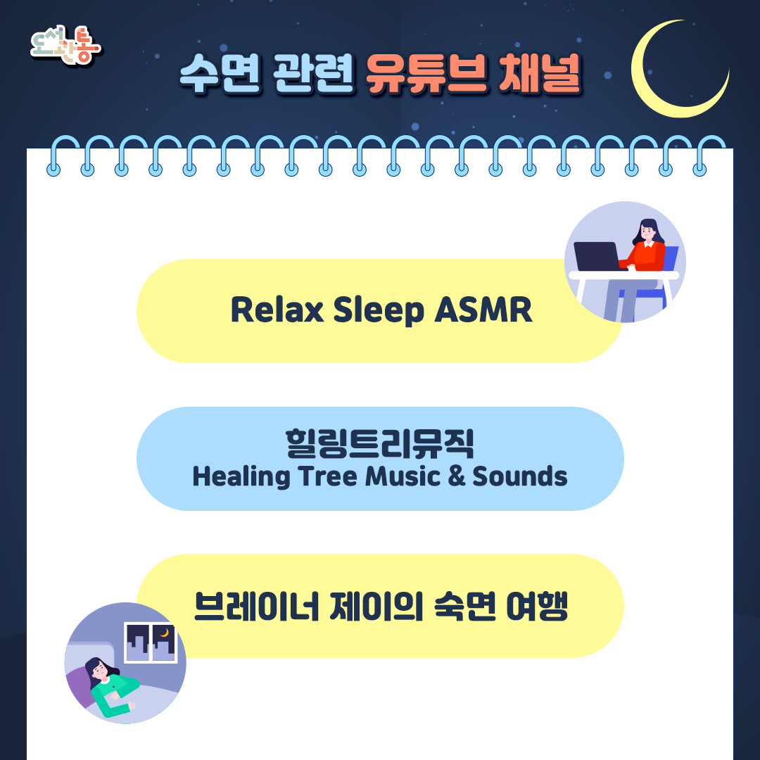  Relax Sleep ASMR
Relax Sleep ASMR는 수면 보조를 목적으로 한 ASMR 콘텐츠를 제공하는 유튜브 채널로, 자연 소리와 편안한 분위기의 사운드로 숙면과 스트레스 완화를 돕습니다.

(https://www.youtube.com/channel/UCR_-5nSCnmZvpHoj8OYOUcQ)

- 힐링트리뮤직 Healing Tree Music & Sounds
작곡가 메이레인이 운영하는 유튜브 채널로, 뉴에이지 기반의 느린 명상·수면·요가·힐링·우주음악 등을 제작합니다.

https://www.youtube.com/@HealingTreeMusic

- 브레이너 제이의 숙면 여행
BSMR, 테라피&테마 기상알람을 통해 일상 속 근본적인 숙면 그리고 마음건강의 회복을 도울 수 있도록 운영하는 유튜브 채널입니다.

https://www.youtube.com/@DeepSleepGuide
