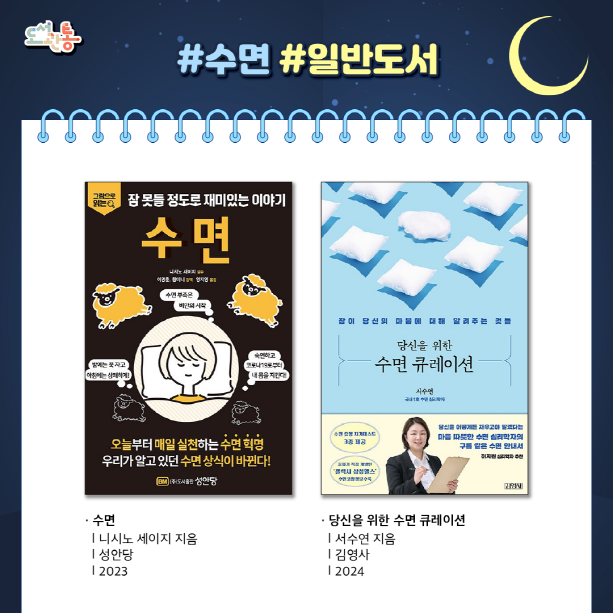 『수면』, 니시노 세이지 지음, 성안당, 2023

수면의 중요성과 어떻게 수면을 취할 수 있는지, 그리고 단순히 잠을 자는 것 이상으로 제대로 된 숙면 습관을 갖는 법, 잘못된 수면 상식까지 바로잡으며, 어떻게 해야 수면 부채를 줄이고 건강한 숙면 습관을 만들 수 있는지 등 수면에 관한 모든 것을 담아냈다.『당신을 위한 수면 큐레이션』, 서수연 지음, 김영사, 2024

저자 역시 밤이면 찾아오는 잡념 때문에 불면증에 시달리다가 수면 연구에 빠져들었으며, 20여 년간 오직 수면만을 연구해왔다. 유명 예술인부터 대기업 프로그래머, 소방관, 경찰관, 그 밖에 다양한 직업군의 불면증 환자를 상담해오며 저마다 사연이 다르고, 고통의 정도도 다르며, 극복하려고 선택하는 방법도 모두 다름을 알게 되었다. 그래서 자신에게 맞는, 자신만의 방법을 찾을 수 있도록 큐레이션한 수면 노하우를 이 책에 담았다.

출처 : 알라딘 제공 책소개

