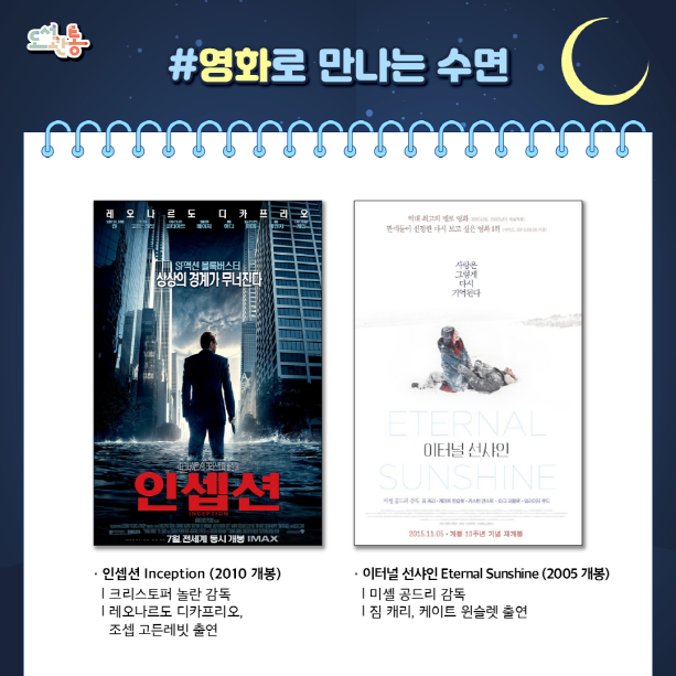 『인셉션 Inception』

타인의 꿈에 들어가 생각을 훔치는 특수 보안요원 코브. 그를 이용해 라이벌 기업의 정보를 빼내고자 하는 사이토는 코브에게 생각을 훔치는 것이 아닌, 생각을 심는 ‘인셉션’ 작전을 제안한다. 성공 조건으로 국제적인 수배자가 되어있는 코브의 신분을 바꿔주겠다는 거부할 수 없는 제안을 하고, 사랑하는 아이들에게 돌아가기 위해 그 제안을 받아들인다. 꿈 VS 현실 시간, 규칙, 타이밍 모든 것이 완벽해야만 하는, 단 한 번도 성공한 적 없는 ‘인셉션’ 작전이 시작된다!

『이터널 선샤인 Eternal Sunshine of the Spotless Mind』

"사랑은 그렇게 다시 기억된다." 조엘은 아픈 기억만을 지워준다는 라쿠나사를 찾아가 헤어진 연인 클레멘타인의 기억을 지우기로 결심한다. 기억이 사라져 갈수록 조엘은 사랑이 시작되던 순간, 행복한 기억들, 가슴 속에 각인된 추억들을 지우기 싫어지기만 하는데... 당신을 지우면 이 아픔도 사라질까요? 사랑은 그렇게 다시 기억된다.

출처 : 네이버 제공 영화소개


