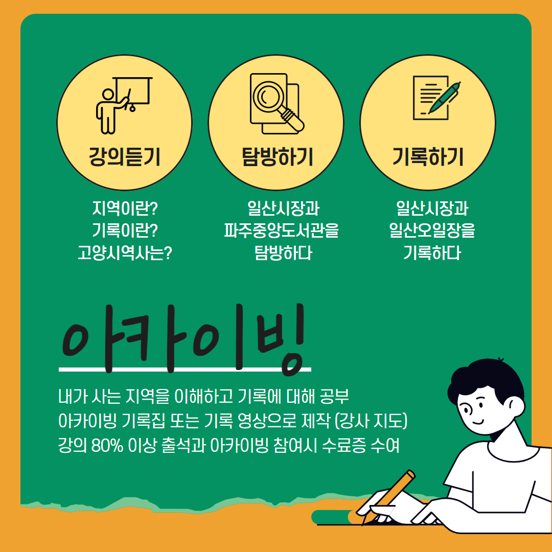 2023년 일산도서관 길 위의 인문학 프로그램 <기찻길 옆 인문학, 100년 시장을 기록하다> ㅇ 프로그램 개요 · 운영기간 : 2023.04.26.(수) ~ 10.11.(수) 10:30 ~ 12:30 · 대 상 : 내가 사는 지역을 이해하고 기록하고 싶은 고양 시민 20명 내외 · 신청방법 : 고양시도서관 홈페이지 또는 방문 접수 · 신 청 : 2023.04.01.(토) 16:00 ~ 선착순 마감 · 문 의 : 031-915-1313 ㅇ 강연 및 탐방 - 4.26.~7.12. 매주 (수) 10:00 ~ 12:30 - 강연 : 일산도서관 3층 나눔터 - 탐방 : 일산시장 / 파주중앙도서관 - 강사 및 차시별 주제 1~3차시 | 김영현 | 전 지역문화진흥원장 | 지역의 개념과 지역의 구성 요소, 기록의 의미 4차시 | 조하연 | 시인 · 사회적 협동조합 곁애 대표 | 문학적으로 지역을 기록하기(사례 중심으로) 5~7차시 | 유경종 | 고양신문 기자 | 내가 사는 곳 고양시, '고양학'에 대하여 8~9차시 | 배은희 | 기록하고 책 만드는 빨간집 대표 | 시민의 만드는 기록의 개념과 의미 10차시 | 유현정 | 숨쉬는 미디어교육 자몽 대표 | 중간 워크숍 - 지역학과 기록학을 아카이빙 활동에 접목하기 11차시 | 이성한 | 골목 인문학 여행가 | *일산시장 탐방 - 도시의 삶, 역사성, 지역성의 이해 12차시 | 송영규 | 파주중앙도서관 사서 | *파주중앙도서관 탐방 - 도서관의 기록사례 알아보기 ㅇ 지역 아카이빙 활동 - 장소 : 일산도서관 3층 나눔터 / 일산시장 - 13~25차시 | 유현정 강사 | 숨쉬는 미디어교육 자몽 대표 - 일산시장 기록 활동(아카이빙 기획, 인터뷰, 사진 및 영상 촬영, 기록집 편집 · 제작 등) *기록 활동 세부 내용은 강연 이후 꾸려질 예정 * 도서관 및 강사의 사정에 따라 프로그램이 변동될 수 있습니다. 주최/문화체육관광부 주관/한국도서관협회 시행/일산도서관