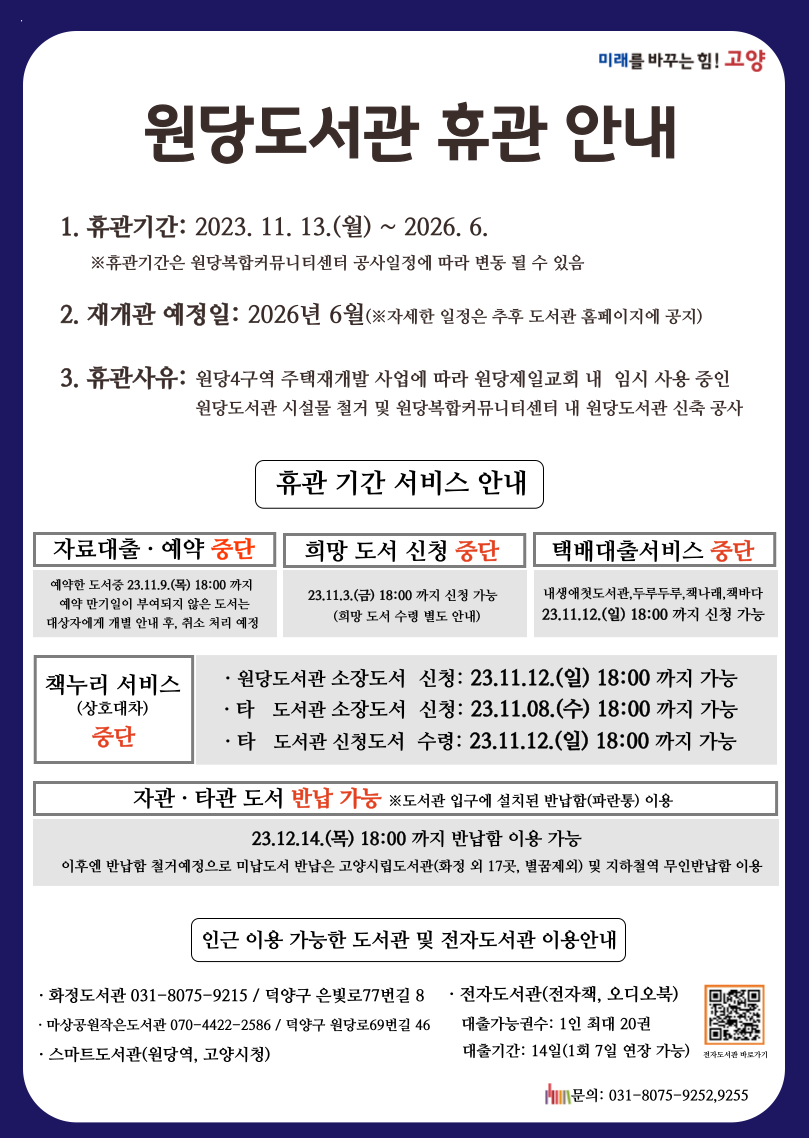 미래를 바꾸는힘!고양 원당도서관 휴관 안내 1. 휴관기간: 2023.11.13.(월)~2026.6. ※휴관기간은 원당복합커뮤니티센터 공사일정에 따라 변동 될 수 있음 2. 재개관 예정일: 2026년 6월(※자세한 일정은 추후 도서관 홈페이지에 공지) 3. 휴관사유: 원당4구역 주택재개발 사업에 따라 원당제일교회 내 임시 사용 중인 원당도서관 시설물 철거 및 원당복합커뮤니티센터 내 원당도서관 신축 공사 휴관 기간 서비스 안내 자료대출예약 중단 예약한 도서중 23.11.9.(목) 18:00 까지 예약 만기일이 부여되지 않은 도서는 대상자에게 개별 안내 후, 취소 처리 예정 희망 도서 신청 중단 23.11.3.(금) 18:00 까지 신청 가능 (희망 도서 수령 별도 안내) 택배대출서비스 중단 내생애첫도서관,두루두루,책나래,책바다 23.11.12.(일) 18:00 까지 신청 가능 책누리 서비스(상호대차) 중단 원당도서관 소장도서 신청: 23.11.12.(일) 18:00 까지 가능 타도서관 소장도서 신청: 23.11.08.(수) 18:00 까지 가능 타도서관 신청도서 수령: 23.11.12.(일) 18:00 까지 가능 자관타관 도서 반납 가능 ※도서관 입구에 설치된 반납함(파란통) 이용 23.12.14.(목) 18:00 까지 반납함 이용 ㅇ가능 이후엔 반납함 철거에정으로 미납도서 반납은 고양시립도서관(화정 외 17곳, 별꿈제외) 및 지하철역 무인반납함 이용 인근 이용 가능한 도서관 및 전자도서관 이용안내 화정도서관 031-8075-9212 / 덕양구 은빛로77번길 8 마상공원작은도서관 070-4422-2586 / 덕양구 원당로69번길 46 스마트도서관(원당역,고양시청) 전자도서관(전자책,오디오북) 대출가능권수: 1인 최대 20권 대출기간: 14일(1회 7일 연장 가능) 전자도서관바로가기 문의; 031-8075-9252,9255