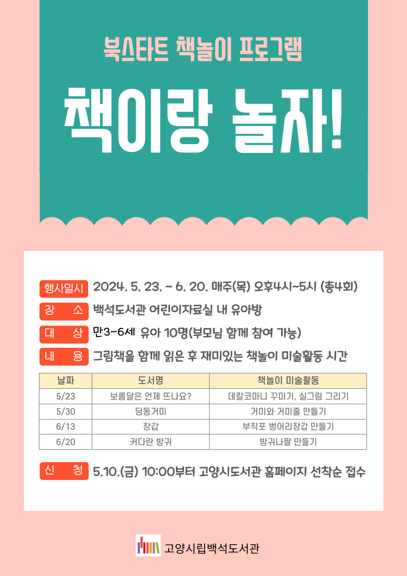 북스타트 책놀이 프로그램 책이랑 놀자! 행사일시 : 2024. 5. 23. ~ 6. 20. 매주(목) 오후4시~5시(총4회) 장소 : 백석도서관 어린이자료실 내 유아방 대상 : 만3~6세 유아 10명(부모님 함께 참여 가능) 내용 : 그림책을 함께 읽은 후 재미있는 책놀이 미술활동 시간 날짜 도서명 책놀이 미술활동 5/23 보름달은 언제 뜨나요? 데칼코마니 꾸미기, 실그림 그리기 5/30 딩동거미 거미와 거미줄 만들기 6/13 장갑 부직포 벙어리장갑 만들기 6/20 커다란 방귀 방귀나팔 만들기 신청 : 5.10.(금) 10:00부터 고양시도서관 홈페이지 선착순 접수