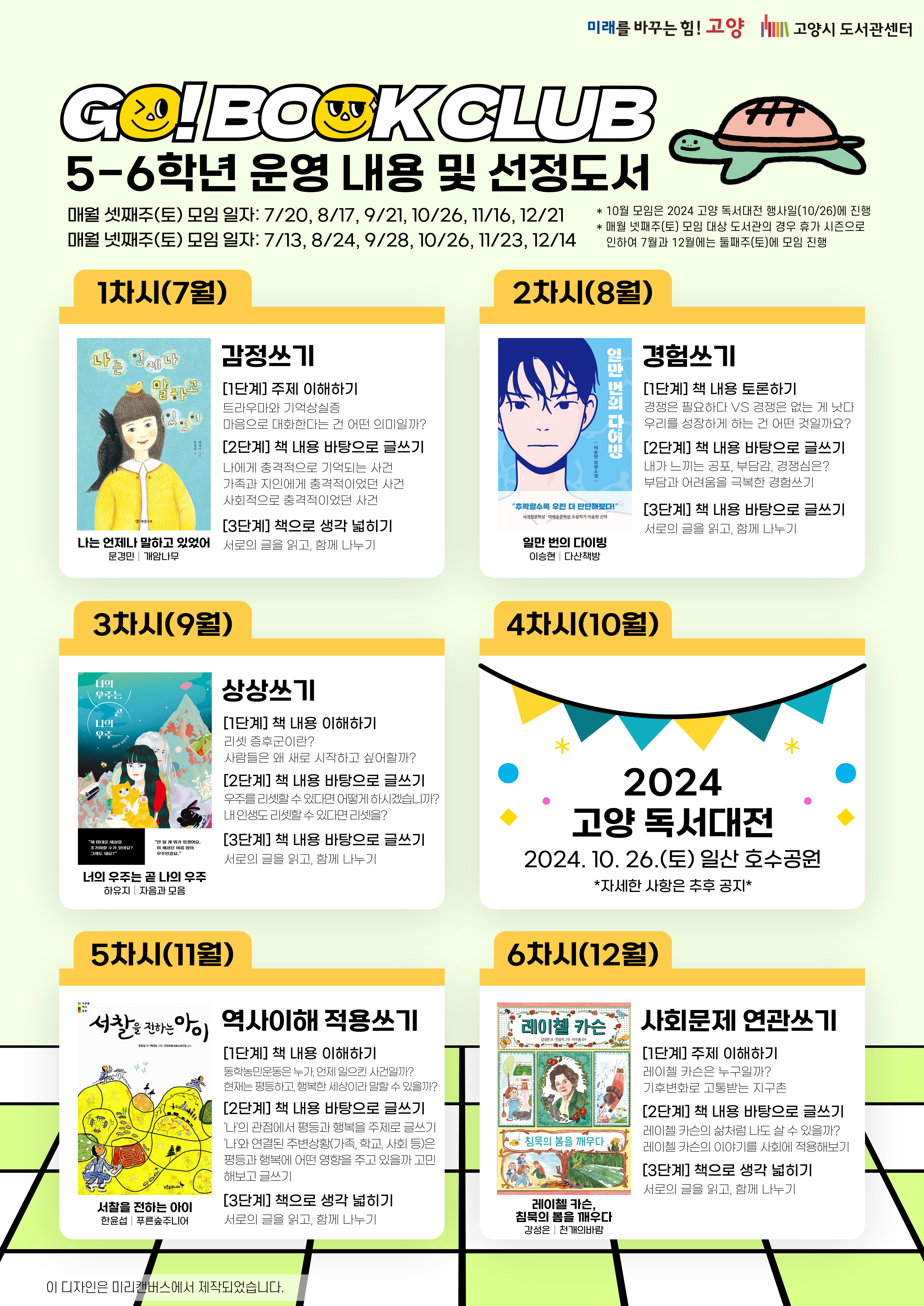 ○Go! BOOK CLUB 5-6학년 운영 내용 및 선정도서  - 매월 셋째주 (토) 모임 일자 : 7/20, 8/17, 9/21, 10/26, 11/16, 12/21.   - 10월 모임은 고양 독서대전 행사일(10/26)에 진행. 1차시(7월) 나는 언제나 말하고 있었어 /문경민/ 개암나무/ 감정쓰기 2차시(8월) 일만번의 다이빙/ 이승현/ 다산책방/ 경험쓰기 3차시(9월) 너의 우주는 곧 나의 우주/ 하유지/  자음과 모음/ 상상쓰기 4차시(10월) 2024 고양 독서대전 2024.10.26.(토) 일산 호수공원(자세한 사항은 추후공지) 5차시(11월) 서찰을 전하는 아이/ 한윤섭/ 푸른숲주니어/ 역사이해 적용쓰기 6차시(12월) 레이첼 카슨, 침묵의 봄을 깨우다/ 강성은/ 천개의바람/ 사회문제 연관쓰기