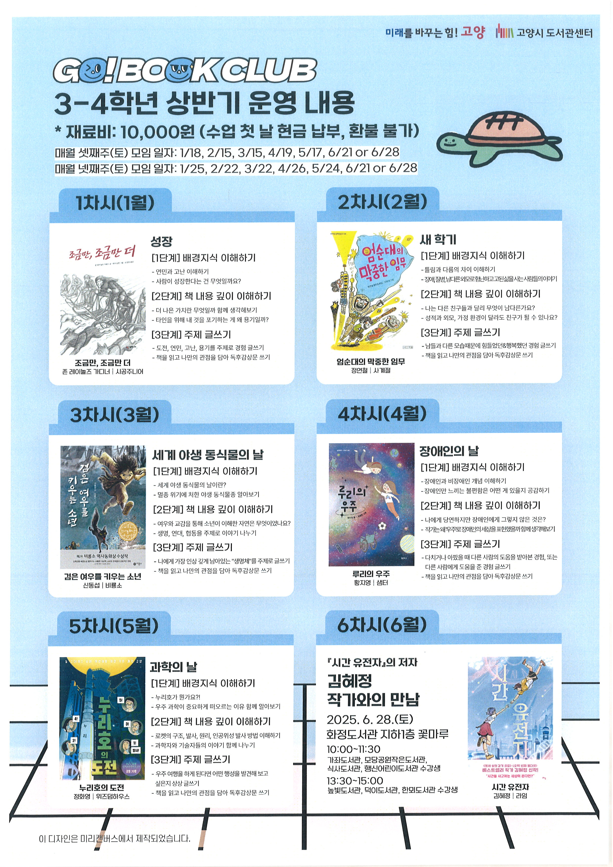 GO! BOOK CLUB 3-4학년 상반기 운영 내용 * 재료비 : 10,000원 (수업 첫날 현금 납부, 환불 불가) 매월 셋째주(토) 모임 일자 : 1/18, 2/15, 3/15, 4/19, 5/17, 6/21or6/28 매월 넷째주(토) 모임 일자 : 1/25, 2/22, 3/22, 4/26, 5/24, 6/21or6/28  1차시(1월) 성장 : 『조금만, 조금만 더』 존 레이놀즈 가디너, 시공주니어 [1단계] 배경지식 이해하기 - 연민과 고난 이해하기 - 사람이 성장한다는 건 무엇일까요? [2단계] 책 내용 깊이 이해하기 - 더 나은 가치란 무엇일까 함께 생각해보기 - 타인을 위해 내 것을 포기하는 게 왜 용기일까? [3단계] 주제 글쓰기 - 도전, 연민, 고난, 용기를 주제로 경험 글쓰기 - 책을 읽고 나만의 관점을 담아 독후감상문 쓰기  2차시(2월) 새 학기 : 『엄순대의 막중한 임무』 정연철, 사계절 [1단계] 배경지식 이해하기 - 틀림과 다름의 차이 이해하기 - 장애, 질병, 남다른 외모로 험난하고 고된 삶을 사는 사람들의 이야기 [2단계] 책 내용 깊이 이해하기 - 나는 다른 친구들과 달리 무엇이 남다른가요? - 성적과 외모, 가정 환경이 달라도 친구가 될 수 있나요? [3단계] 주제 글쓰기 - 남들과 다른 모습 때문에 힘들었던&행복했던 경험 글쓰기 - 책을 읽고 나만의 관점을 담아 독후감상문 쓰기   3차시(3월) 세계 야생 동식물의 날 : 『검은 여우를 키우는 소년』 신동섭, 비룡소 [1단계] 배경지식 이해하기 - 세계 야생 동식물의 날이란? - 멸종 위기에 처한 야생 동식물종 알아보기 [2단계] 책 내용 깊이 이해하기 - 여우와 교감을 통해 소년이 이해한 자연은 무엇이었나요? - 생명, 연대, 협동을 주제로 이야기 나누기 [3단계] 주제 글쓰기 - 나에게 가장 인상 깊게 남아있는 “생명체”를 주제로 글쓰기 - 책을 읽고 나만의 관점을 담아 독후감상문 쓰기  4차시(4월) 장애인의 날 : 『루리의 우주』 황지영, 샘터 [1단계] 배경지식 이해하기 - 장애인과 비장애인 개념 이해하기 - 장애인만 느끼는 불편함은 어떤 게 있을지 공감하기 [2단계] 책 내용 깊이 이해하기 - 나에게 당연하지만 장애인에게 그렇지 않은 것은? - 작가는 왜 ‘우주’로 장애인의 세상을 표현했을까 함께 생각해보기 [3단계] 주제 글쓰기 - 다치거나 아팠을 때 다른 사람의 도움을 받아본 경험, 또는 다른 사람에게 도움을 준 경험 글쓰기 - 책을 읽고 나만의 관점을 담아 독후감상문 쓰기 5차시(5월) 과학의 날 : 『누리호의 도전』 정화영, 위즈덤하우스 [1단계] 배경지식 이해하기 - 누리호가 뭔가요?! - 우주 과학이 중요하게 떠오르는 이유 함께 알아보기 [2단계] 책 내용 깊이 이해하기 - 로켓의 구조, 발사, 원리, 인공위성 발사 방법 이해하기 - 과학자와 기술자들의 이야기 함께 나누기 [3단계] 주제 글쓰기 - 우주 여행을 하게 된다면 어떤 행성을 발견해 보고 싶은지 상상 글쓰기 - 책을 읽고 나만의 관점을 담아 독후감상문 쓰기  6차시(6월) 『시간 유전자』의 저자 김혜정 작가와의 만남 : 『시간 유전자』 김혜정, 라임 2025. 6. 28.(토) 화정도서관 지하1층 꽃마루 10:00~11:30 가좌도서관, 모당공원작은도서관, 식사도서관, 행신어린이도서관 수강생 13:30~15:00 높빛도서관, 덕이도서관, 한뫼도서관 수강생