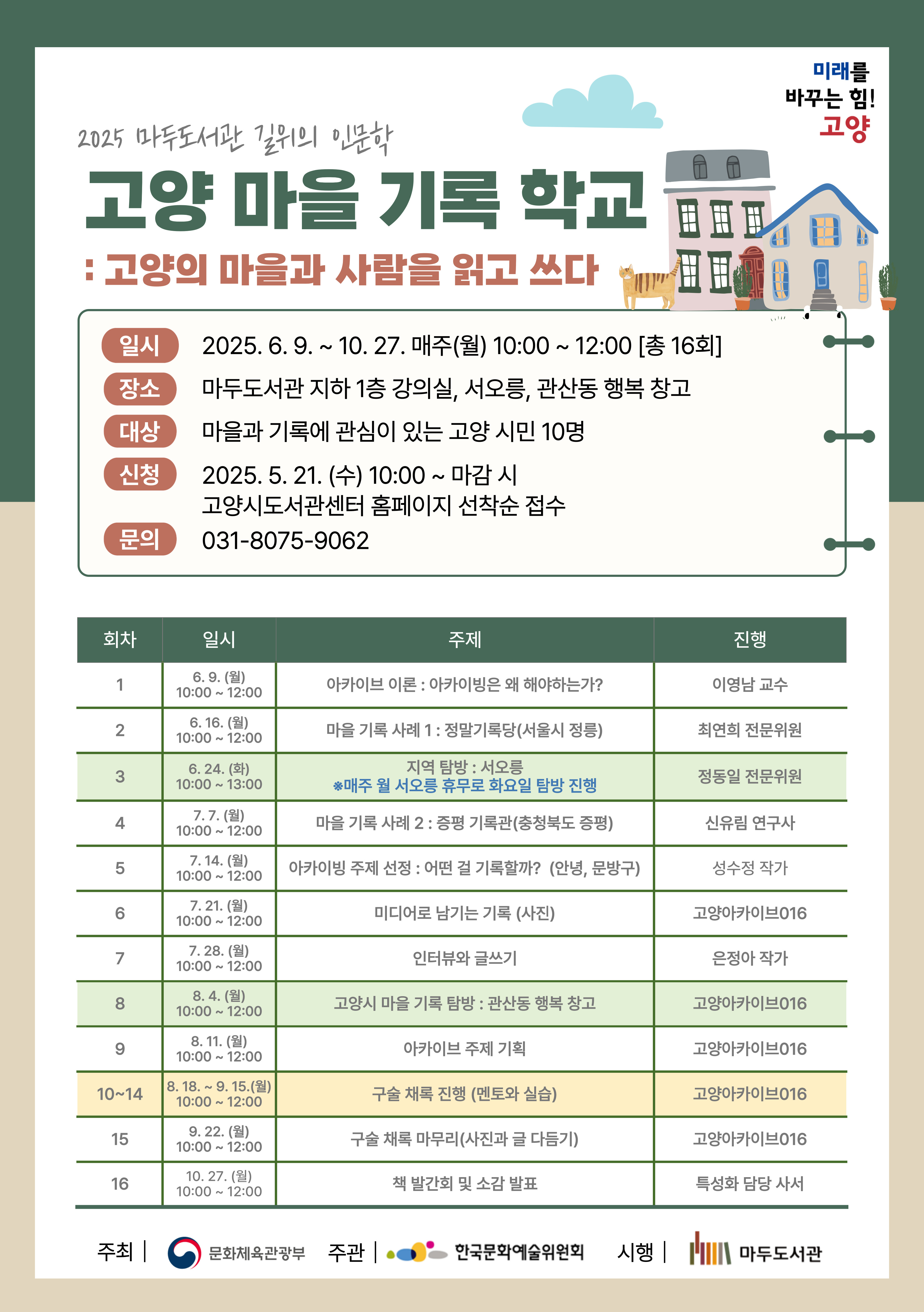 2025 길 위의 인문학 <고양 마을 기록 학교 : 고양의 마을과 사람을 읽고 쓰다> ○대상 : 고양 시민 10명 ○일시 : 2025년 6월 9일~ 10월 27일 (매주 월) 오전 10:00 - 12:00 (총 16회차) ※ 가능한 모든 회차에 참석 가능한 분만 신청 부탁드립니다. (탐방만 신청 불가) ○장소 : 마두도서관 지하 1층 강의실 ○신청방법 : 5월 19일(수) 10시부터 고양시 도서관센터 홈페이지 선착순 접수 ○문의 : 031 ) 8075- 9062 ○세부 커리큘럼 6/9(월) 아카이브 이론 : 아카이빙은 왜 해야하는가? / 이영남 교수 6/16(월) 마을 기록 사례 1 : 정말기록당(서울시 정릉) / 최연희 전문위원 6/24(화) 지역탐방 : 서오릉 / 정동일 전문위원 7/7(월) 마을 기록 사례 2 : 증평기록관(충청북도 증평군) / 신유림 연구사 7/14(월) 아카이빙 주제 선정 : 어떤 걸 기록할까? (안녕, 문방구) / 성수정 작가 7/21(월) 미디어로 남기는 기록(사진) / 고양아카이브016 7/28(월) 인터뷰와 글쓰기 / 은정아 작가 8/4(월) 고양시 마을 기록 탐방 : 관산동 행복 창고 / 고양아카이브016 8/11(월) 아카이브 주제 기획 / 고양아카이브016 8/18 ~ 9/15(월) 구술 채록 진행 (멘토와 실습) / 고양아카이브016 9/22(월) 구술 채록 마무리(사진과 글 다듬기) / 고양아카이브016 10/27(월) 책 발간회 및 소감 발표 / 담당 사서