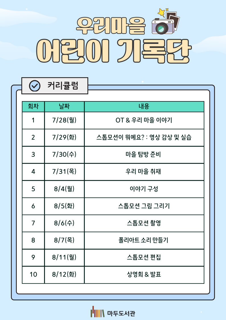 커리큘럼 1회차 7/28(월) OT & 우리 마을 이야기 2회차 7/29(화) 스톱모션이 뭐예요? : 영상 감상 및 실습 3회차 7/30(수) 마을 탐방 준비 4회차 7/31(목) 우리 마을 취재 5회차 8/4(월) 이야기 구성 6회차 8/5(화) 스톱모션 그림 그리기 7회차 8/6(수) 스톱모션 촬영 8회차 8/7(목) 폴리아트 소리 만들기 9회차 8/11(월) 스톱모션 편집 10회차 8/12(화) 상영회 & 발표