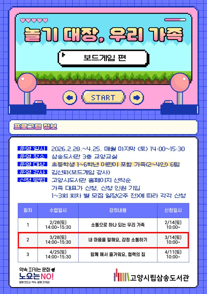 놀기 대장, 우리 가족 - 보드게임 편 프로그램 정보 • 운영 일시 : 2026. 2. 28. ~ 4. 25. 매월 마지막 (토) 14:00 ~ 15:30 • 운영 장소 : 삼송도서관 3층 교양교실 • 운영 대상 : 초등학생 1~6학년 어린이 포함 가족(2~4인) 6팀 • 운영 강사 : 김선화 (보드게임 강사) • 신청 방법 : 고양시도서관센터 홈페이지 선착순 가족 대표가 신청, 신청 인원 기입 1~3회 회차 별 모집 일정(2주 전)에 따라 각각 신청 • 1회차 : 2/28(토) 14:00~15:30 / 소통으로 하나 되는 우리 가족 / 신청일시 2/14(토) 10:00~ • 2회차 : 3/28(토) 14:00~15:30 / 내 마음을 말해요, 감정 소통하기 / 신청일시 3/14(토) 10:00~ • 3회차 : 4/25(토) 14:00~15:30 / 함께 해서 즐거워요, 협력의 집 / 신청일시 4/11(토) 10:00~ 약속 지키는 문화 노쇼는 NO! 함께 만드는 약속, 함께 지켜요! 고양시립삼송도서관