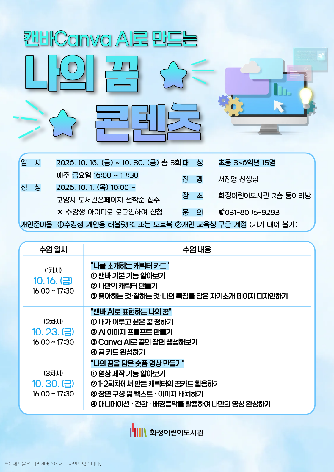 캔바Canva AI로 만드는 나의 꿈 콘텐츠 - 일시 : 2026. 10. 16. (금) ~ 10. 30. (금) 총 3회 매주 금요일 16:00 ~ 17:30 - 신청 : 2026. 10. 1. (목) 10:00 ~  고양시 도서관홈페이지 선착순 접수 ※ 수강생 아이디로 로그인하여 신청 - 개인준비물 : 수강생 개인용 태블릿PC 또는 노트북, 개인 교육청 구글 계정 (기기 대여 불가) - 대상 : 초등 3~6학년 15명 - 진행 : 서진영 선생님 - 장소 : 화정어린이도서관 2층 동아리방 - 문의 : 031-8075-9293 (1차시) 10. 16. (금) 16:00 ~ 17:30 "나를 소개하는 캐릭터 카드" : 캔바 기본 기능 알아보기, 나만의 캐릭터 만들기, 좋아하는 것/잘하는 것/나의 특징을 담은 자기소개 페이지 디자인하기 (2차시) 10. 23. (금) 16:00 ~ 17:30 "캔바 AI로 표현하는 나의 꿈" : 내가 이루고 싶은 꿈 정하기, AI 이미지 프롬프트 만들기, Canva AI로 꿈의 장면 생성해보기, 꿈 카드 완성하기 (3차시) 10. 30. (금) 16:00 ~ 17:30 "나의 꿈을 담은 숏폼 영상 만들기" : 영상 제작 기능 알아보기, 1/2회차에서 만든 캐릭터와 꿈카드 활용하기, 장면 구성 및 텍스트/이미지 배치하기, 애니메이션/전환/배경음악을 활용하여 나만의 영상 완성하기 화정어린이도서관