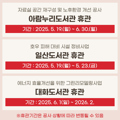 자료실 공간 재구성 및 노후환경 개선 공사
아람누리도서관 휴관
기간 : 2025. 5.19.(월) ~ 6.30.(월)
호우 피해 대비 시설 정비사업
일산도서관 휴관
기간 : 2025. 5. 19.(월) ~ 5.23.(금)
에너지 효율개선을 위한 그린리모델링사업
대화도서관 휴관
기간 : 2025.6.1(일) ~ 2026.2.
※휴관기간은 공사 상황에 따라 변동될 수 있음